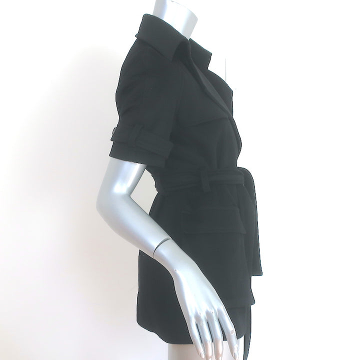 Jenni Kayne Short Sleeve Trench Coat Black Wool Size 0 Belted Jacket