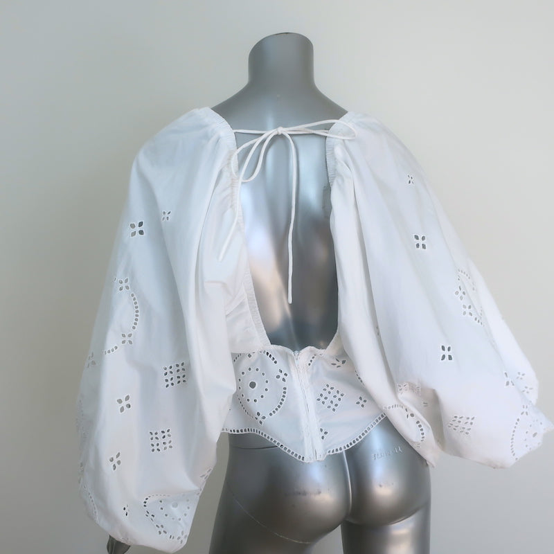 Ganni Broderie Anglaise Balloon-Sleeve Blouse White Cotton Size 38 Open-Back Top