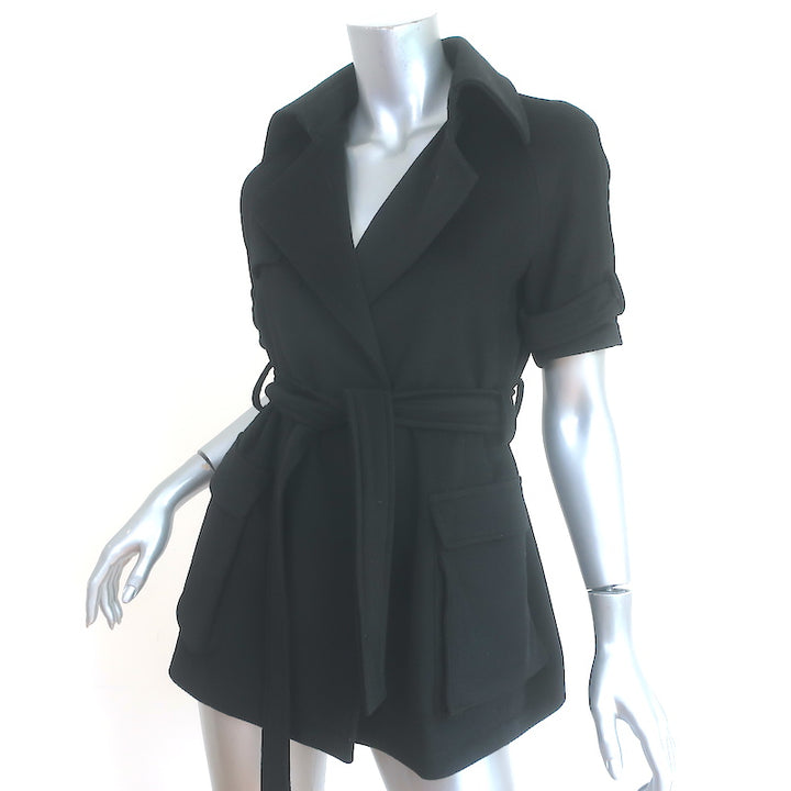 Jenni Kayne Short Sleeve Trench Coat Black Wool Size 0 Belted Jacket