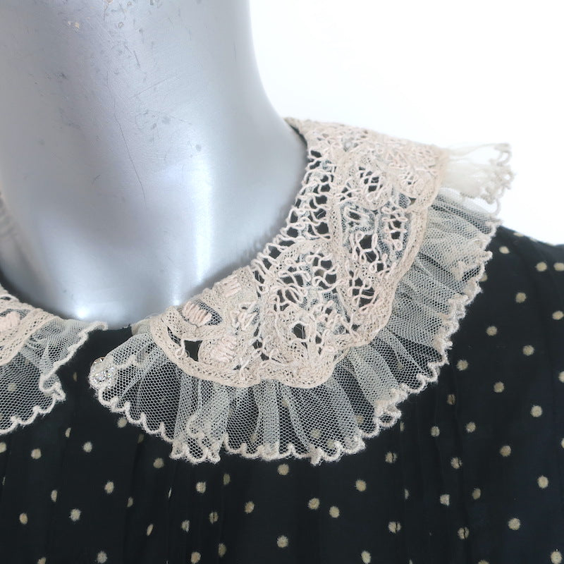 Doen Oleta Lace-Collar Polka Dot Top Black/Ecru Cotton Size Extra Small