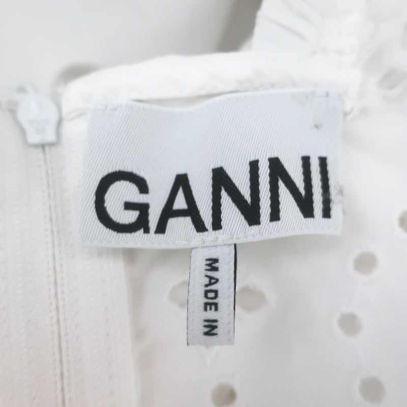 Ganni Broderie Anglaise Balloon-Sleeve Blouse White Cotton Size 38 Open-Back Top