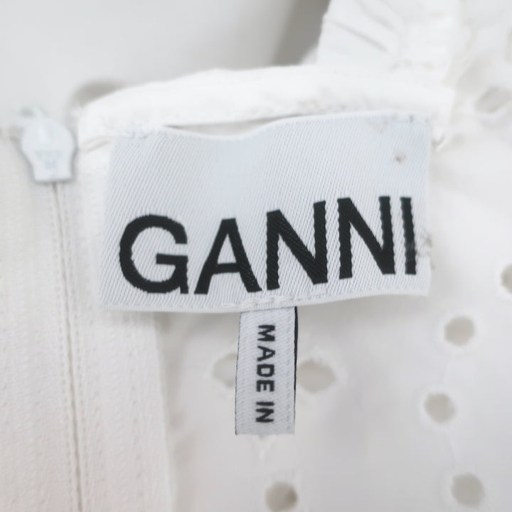 Ganni Broderie Anglaise Balloon-Sleeve Blouse White Cotton Size 38 Open-Back Top