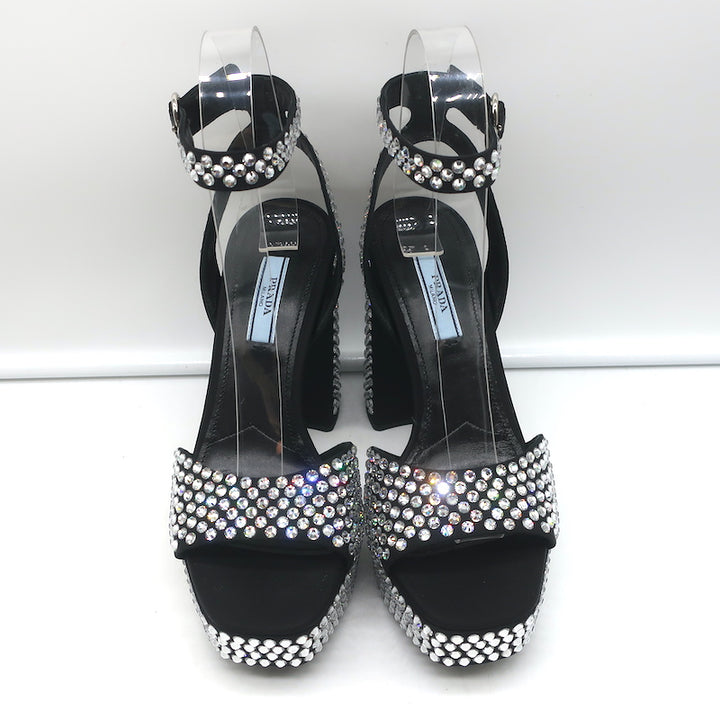 Prada Crystal-Embellished Platform Sandals Black Satin Size 36 Ankle Strap Heels
