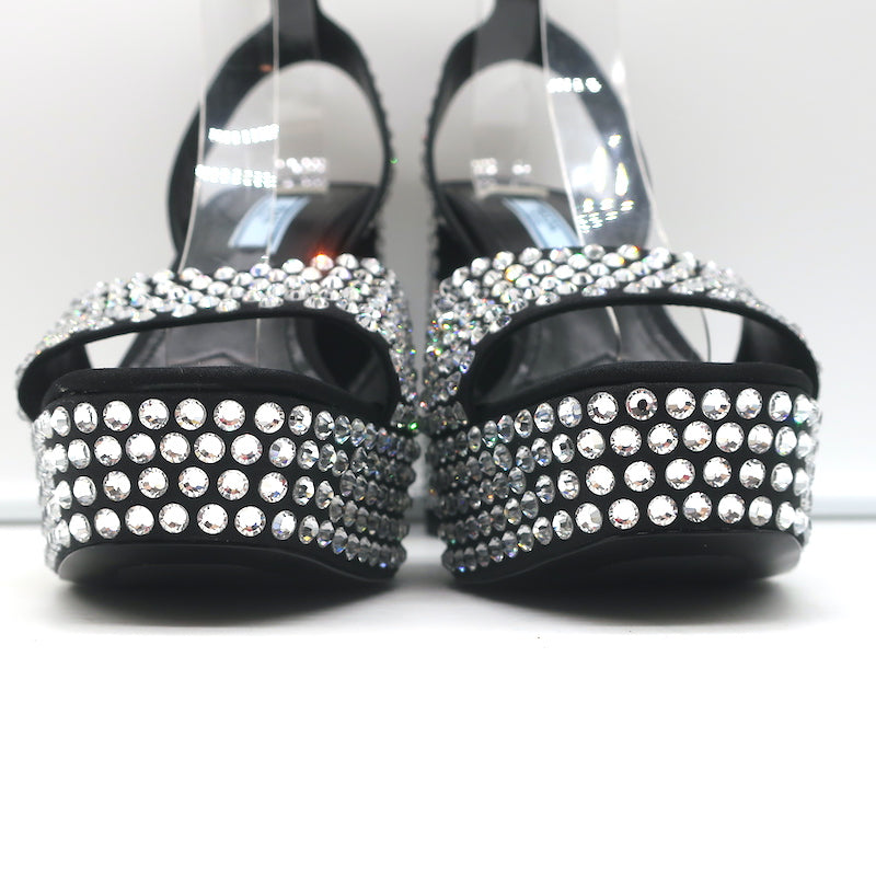 Prada Crystal-Embellished Platform Sandals Black Satin Size 36 Ankle Strap Heels