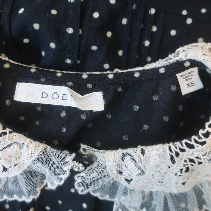 Doen Oleta Lace-Collar Polka Dot Top Black/Ecru Cotton Size Extra Small
