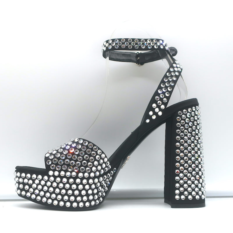 Prada Crystal-Embellished Platform Sandals Black Satin Size 36 Ankle Strap Heels