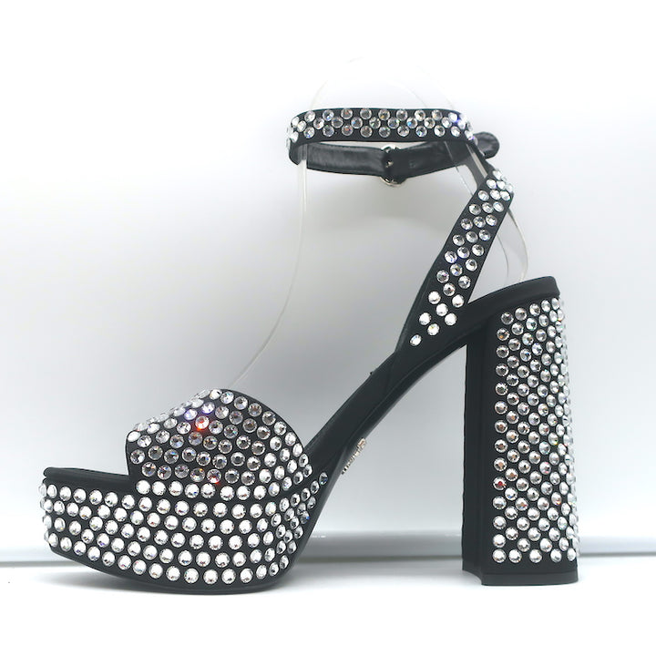 Prada Crystal-Embellished Platform Sandals Black Satin Size 36 Ankle Strap Heels