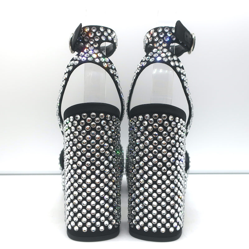 Prada Crystal-Embellished Platform Sandals Black Satin Size 36 Ankle Strap Heels