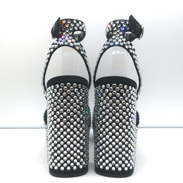 Prada Crystal-Embellished Platform Sandals Black Satin Size 36 Ankle Strap Heels