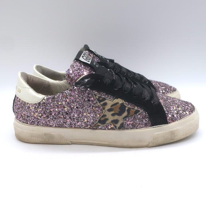 Golden Goose May Leopard-Star Glitter Sneakers Pink/Black Size 37