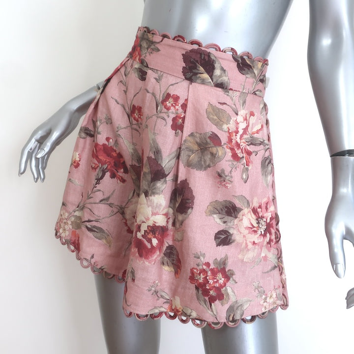 Zimmermann Cassia Scalloped Shorts Blush Floral Print Linen Size 3