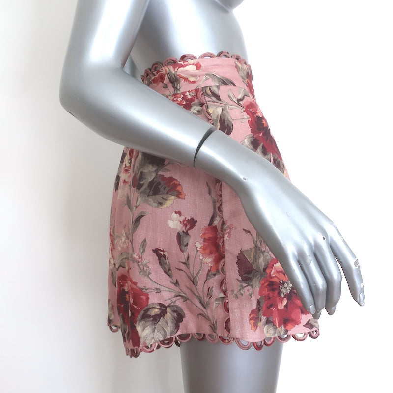 Zimmermann Cassia Scalloped Shorts Blush Floral Print Linen Size 3