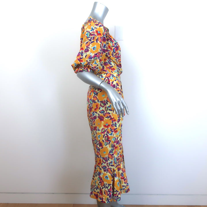 Saloni Olivia Off the Shoulder Ruffled Midi Dress Marigold Printed Silk Size US 6 NEW