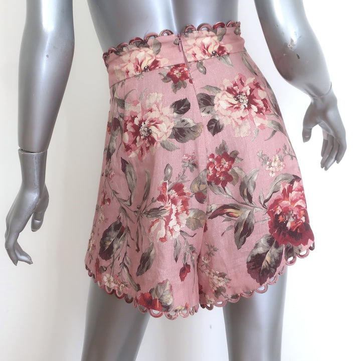 Zimmermann Cassia Scalloped Shorts Blush Floral Print Linen Size 3