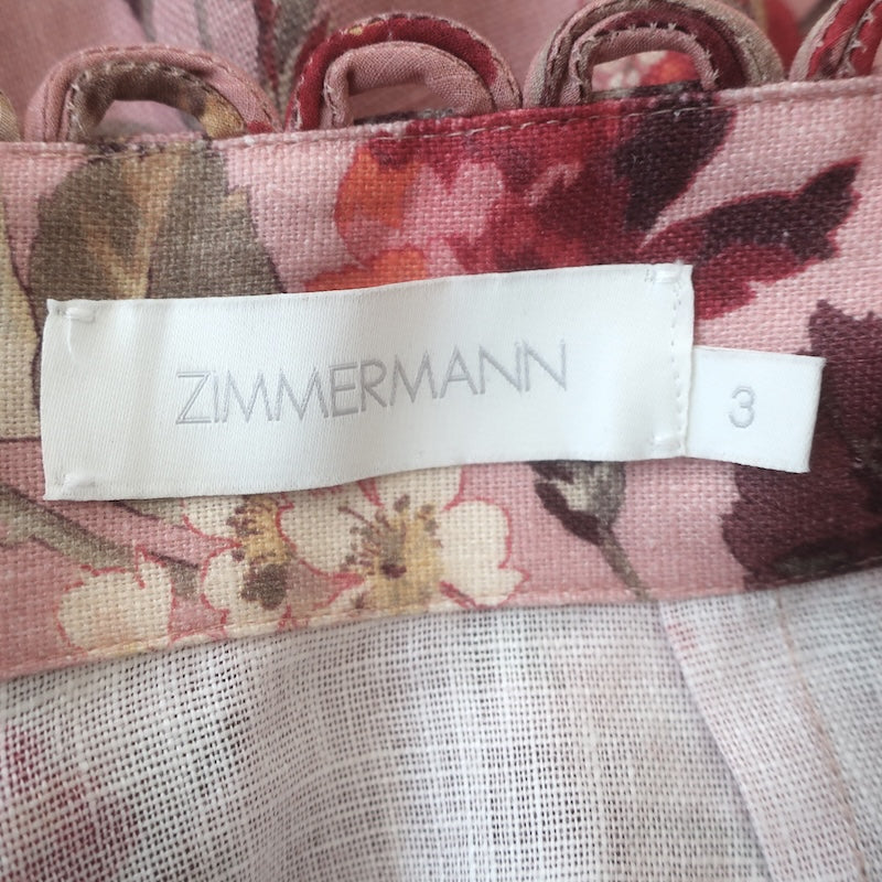 Zimmermann Cassia Scalloped Shorts Blush Floral Print Linen Size 3