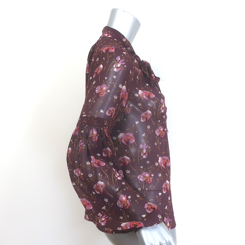 Ulla Johnson Mimi Tie-Neck Blouse Plum Floral Print Silk Size 2 Long Sleeve Top
