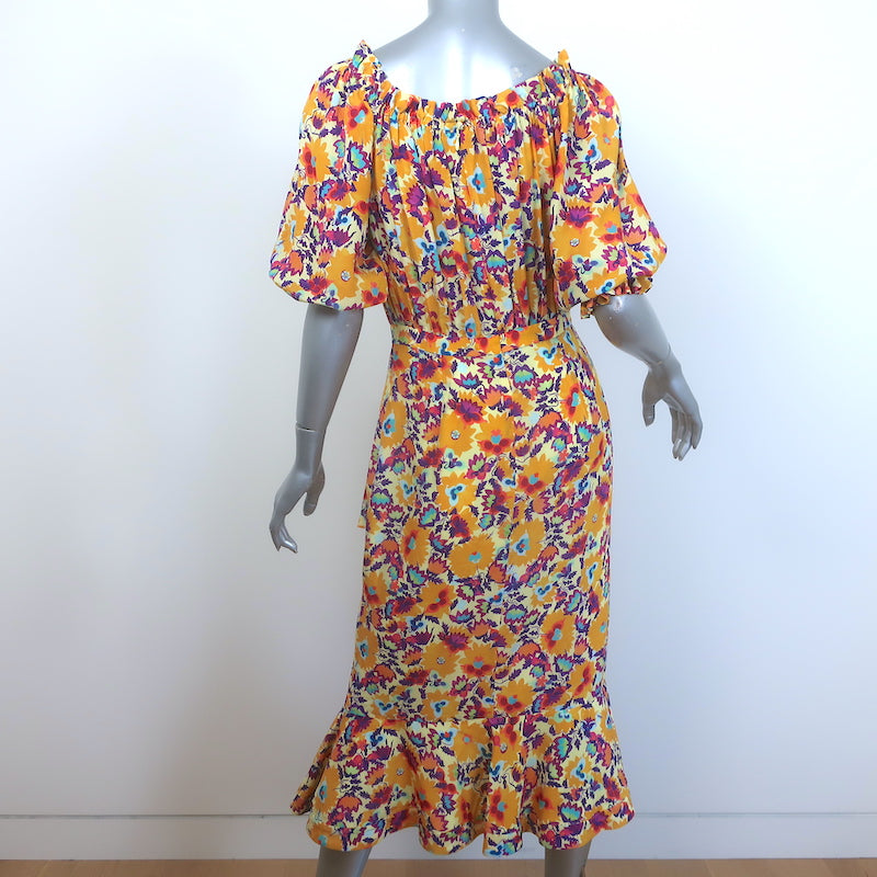 Saloni Olivia Off the Shoulder Ruffled Midi Dress Marigold Printed Silk Size US 6 NEW