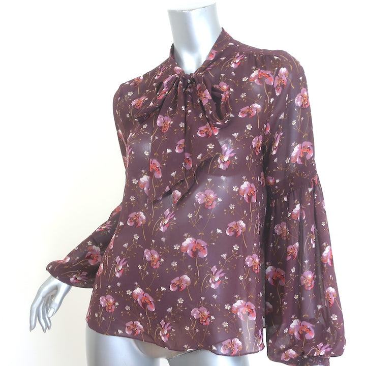 Ulla Johnson Mimi Tie-Neck Blouse Plum Floral Print Silk Size 2 Long Sleeve Top