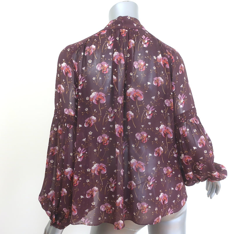 Ulla Johnson Mimi Tie-Neck Blouse Plum Floral Print Silk Size 2 Long Sleeve Top