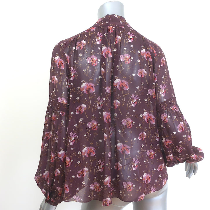 Ulla Johnson Mimi Tie-Neck Blouse Plum Floral Print Silk Size 2 Long Sleeve Top