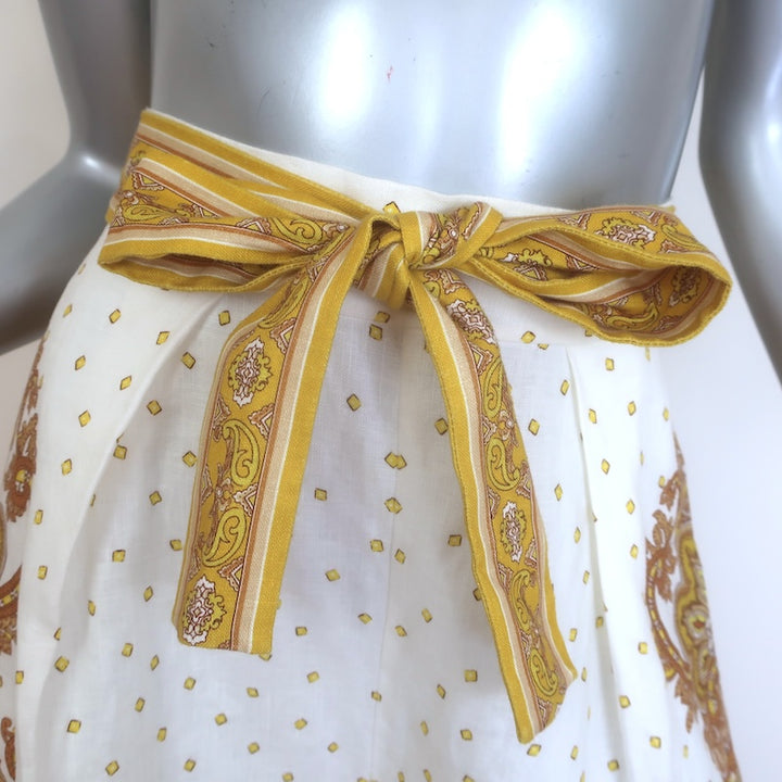 Zimmermann Bells Belted Tuck Shorts White/Yellow Paisley Print Linen Size 2
