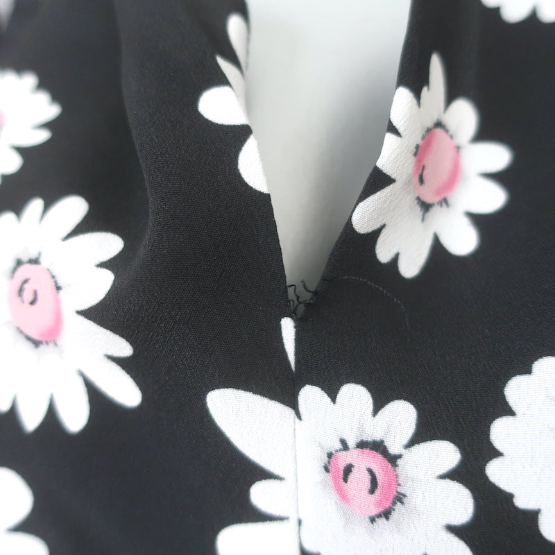 Balenciaga Daisy Print Ruffled Tie-Neck Top Black Crepe Size 34
