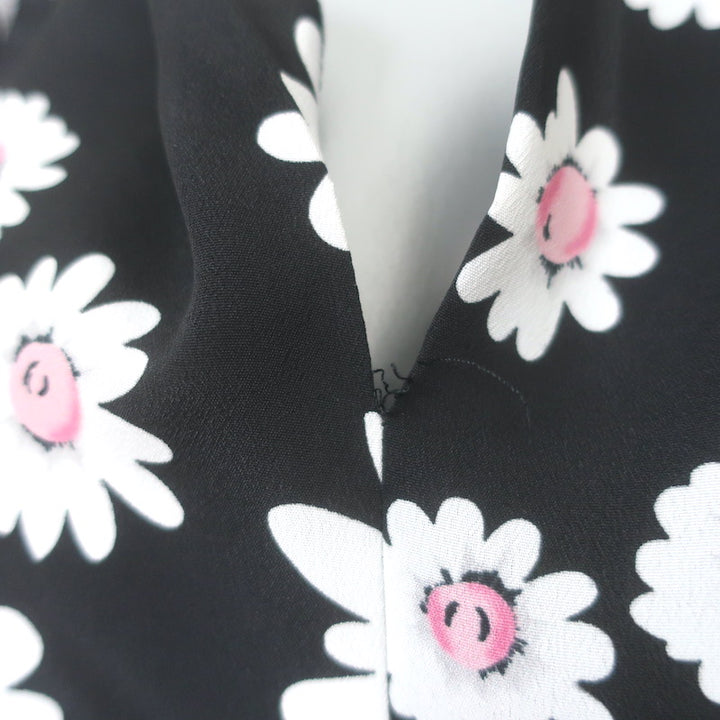 Balenciaga Daisy Print Ruffled Tie-Neck Top Black Crepe Size 34