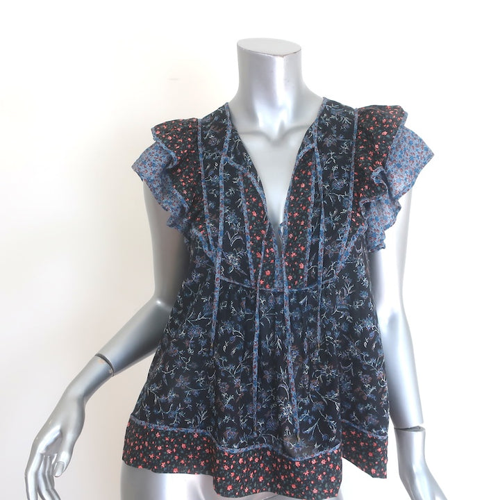 Ulla Johnson Cora Flutter Sleeve Top Navy Floral Print Cotton Size 2