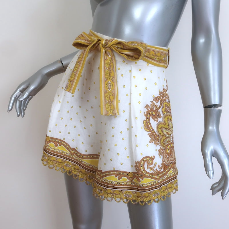 Zimmermann Bells Belted Tuck Shorts White/Yellow Paisley Print Linen Size 2