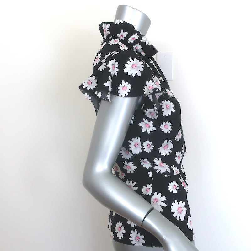 Balenciaga Daisy Print Ruffled Tie-Neck Top Black Crepe Size 34