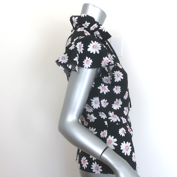 Balenciaga Daisy Print Ruffled Tie-Neck Top Black Crepe Size 34