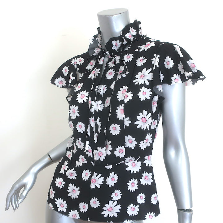 Balenciaga Daisy Print Ruffled Tie-Neck Top Black Crepe Size 34