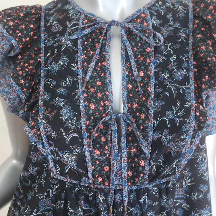 Ulla Johnson Cora Flutter Sleeve Top Navy Floral Print Cotton Size 2