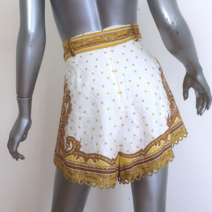 Zimmermann Bells Belted Tuck Shorts White/Yellow Paisley Print Linen Size 2