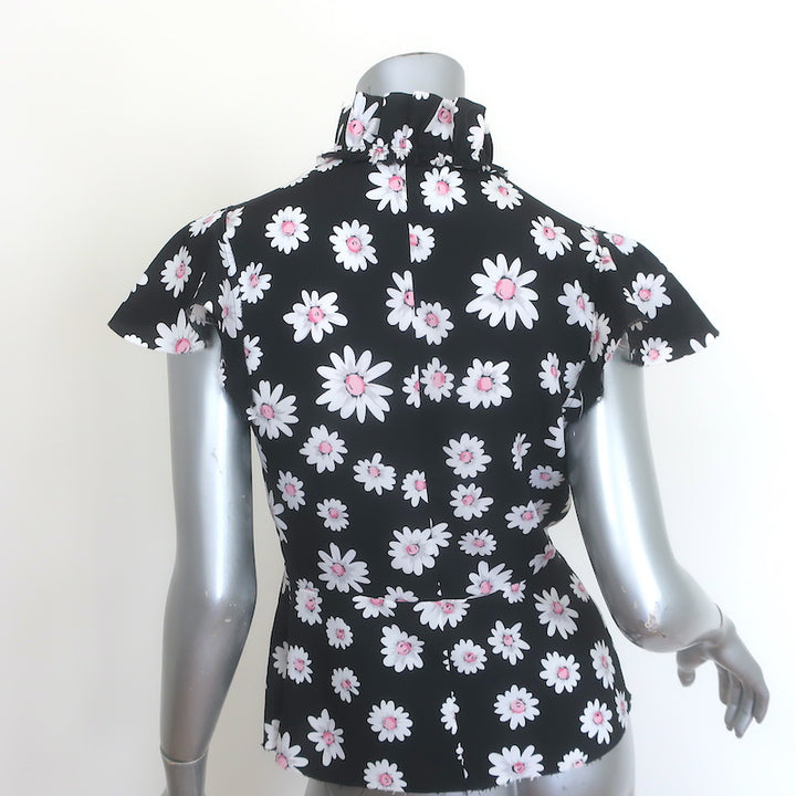 Balenciaga Daisy Print Ruffled Tie-Neck Top Black Crepe Size 34