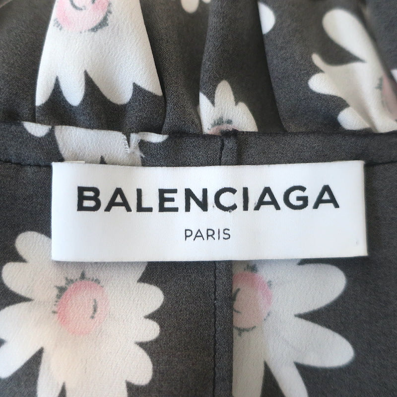 Balenciaga Daisy Print Ruffled Tie-Neck Top Black Crepe Size 34