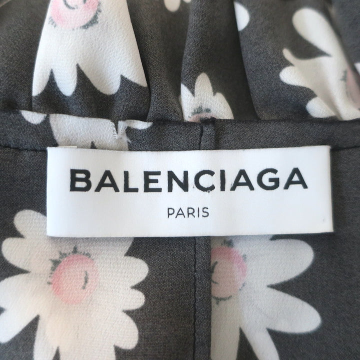 Balenciaga Daisy Print Ruffled Tie-Neck Top Black Crepe Size 34