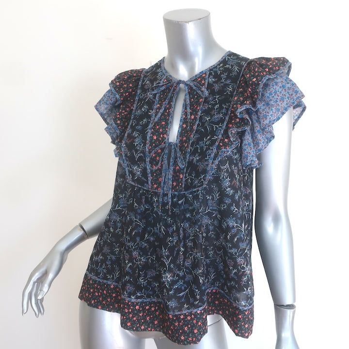 Ulla Johnson Cora Flutter Sleeve Top Navy Floral Print Cotton Size 2