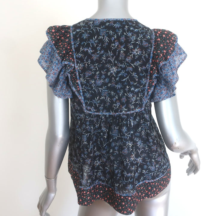Ulla Johnson Cora Flutter Sleeve Top Navy Floral Print Cotton Size 2