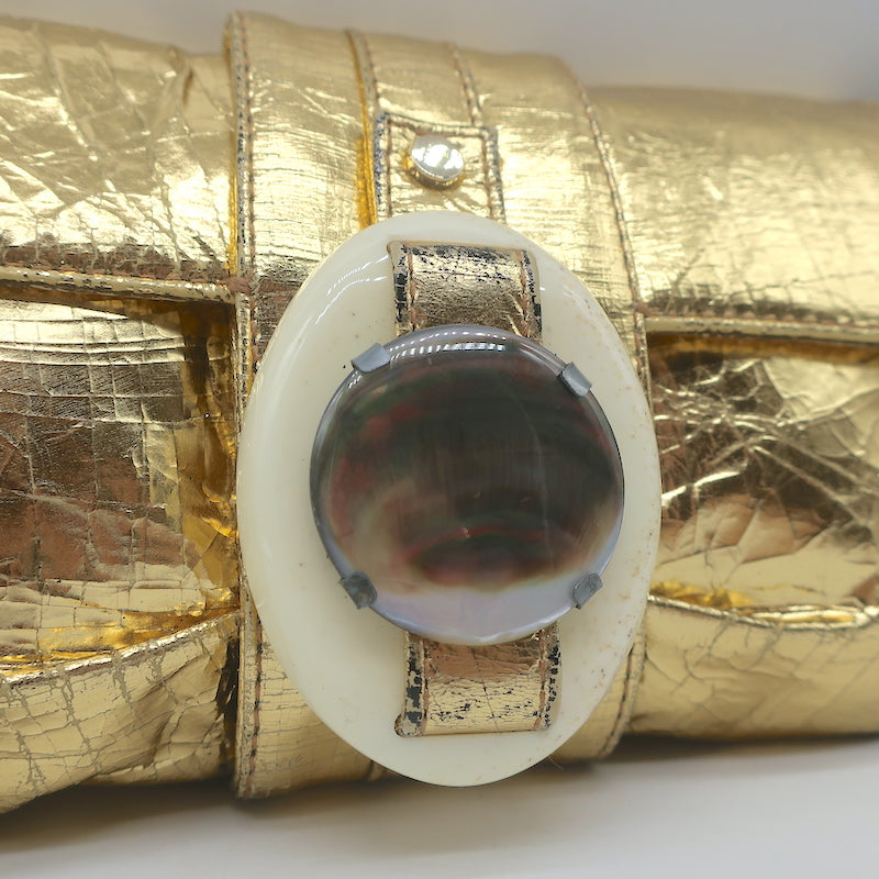 Lanvin Mother of Pearl Accent Small Shoulder Bag Gold Metallic Leather