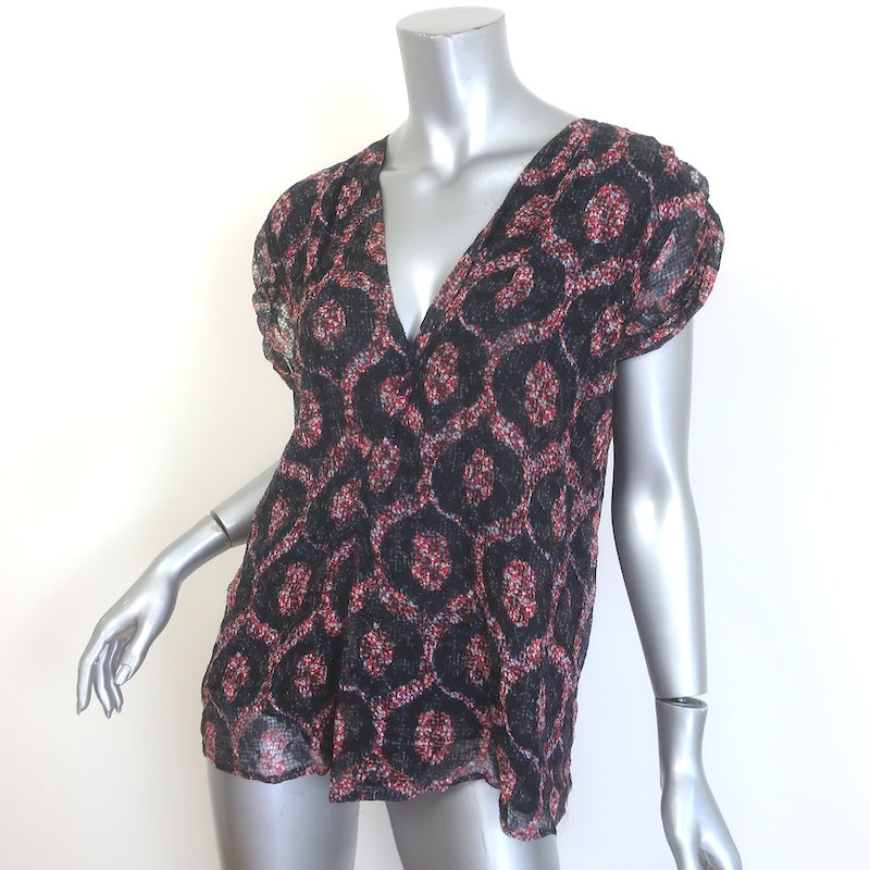 Isabel Marant Trudy V-Neck Blouse Black/Red Printed Silk-Blend Size 40
