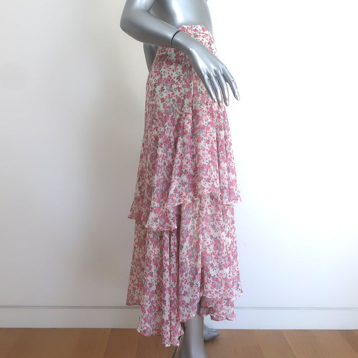 LoveShackFancy Alex Ruffled Midi Skirt Cream/Pink Floral Print Silk Size Medium