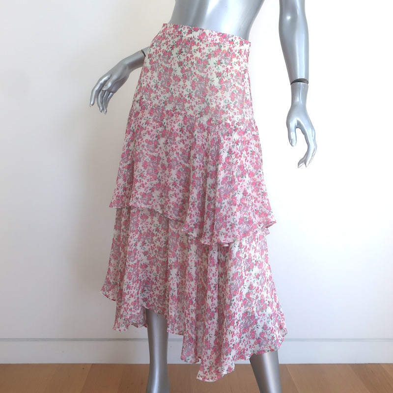 LoveShackFancy Alex Ruffled Midi Skirt Cream/Pink Floral Print Silk Size Medium