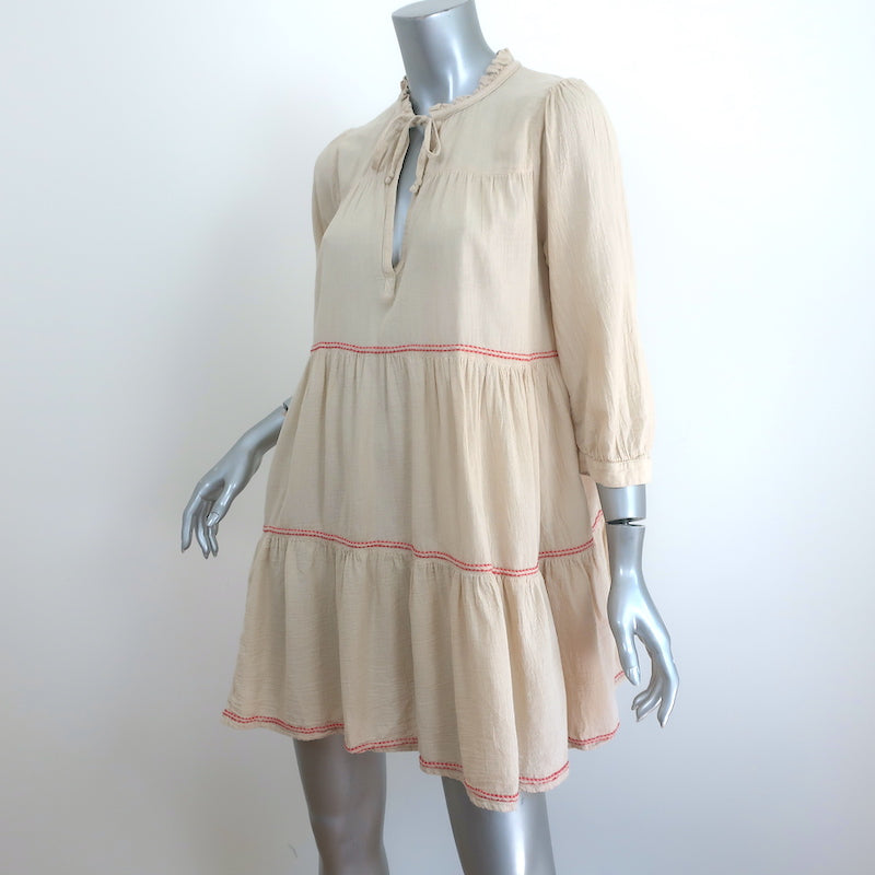 Honorine Giselle Tiered Mini Dress Beige Embroidered Cotton Size Extra Small