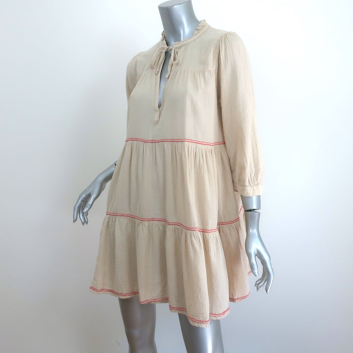 Honorine Giselle Tiered Mini Dress Beige Embroidered Cotton Size Extra Small