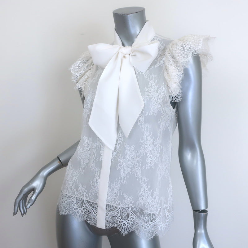 Alice &amp; Olivia Talulah Lace Pussy Bow Blouse White Size Small Flutter Sleeve Top