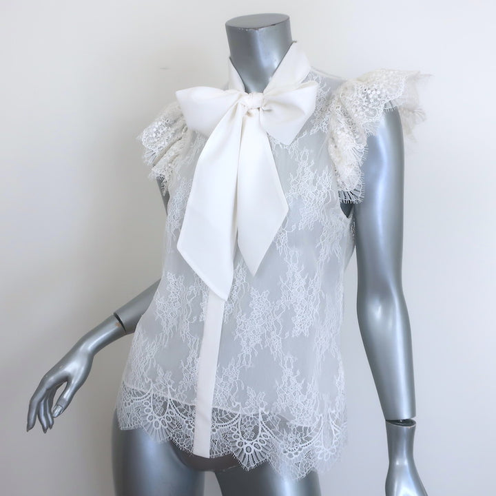 Alice &amp; Olivia Talulah Lace Pussy Bow Blouse White Size Small Flutter Sleeve Top