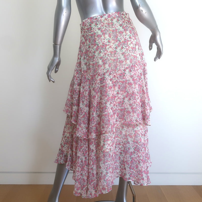 LoveShackFancy Alex Ruffled Midi Skirt Cream/Pink Floral Print Silk Size Medium