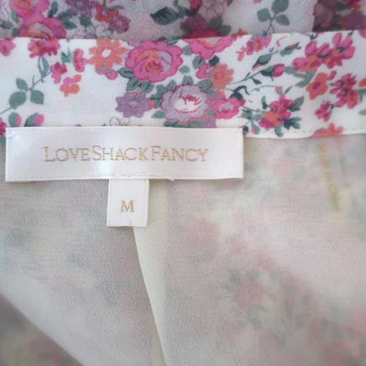LoveShackFancy Alex Ruffled Midi Skirt Cream/Pink Floral Print Silk Size Medium