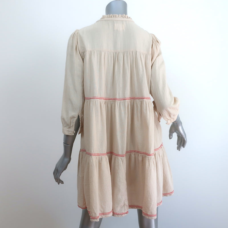Honorine Giselle Tiered Mini Dress Beige Embroidered Cotton Size Extra Small